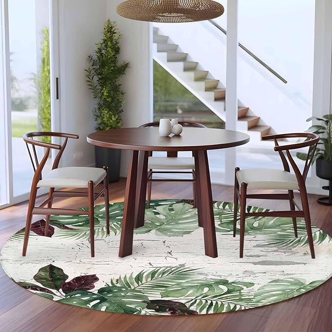 Washable Round Area Rug Summer Green Monstera Palm Leaves Circle Rugs Floor Carpet for Living Room Bedroom, Vintage Botantical Soft Non Slip Round Rug 5ft