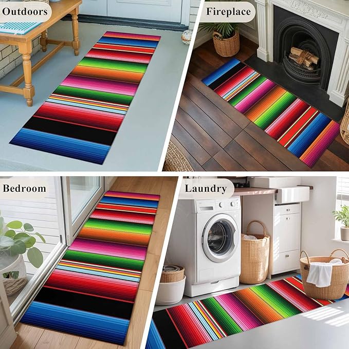 Runner Rug for Bedroom Hallway, Mexico Art Colorful Stripes Kitchen Runner Rugs Area Rug 2x6ft, Color Gradient Lines Washable Soft Floor Carpet for Entryway Stair