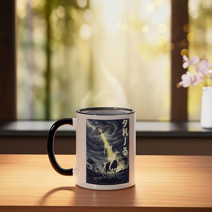 Japanese UFO Cow Abduction Dark Sci Fi Horror Art Ceramic Mug, Black/White