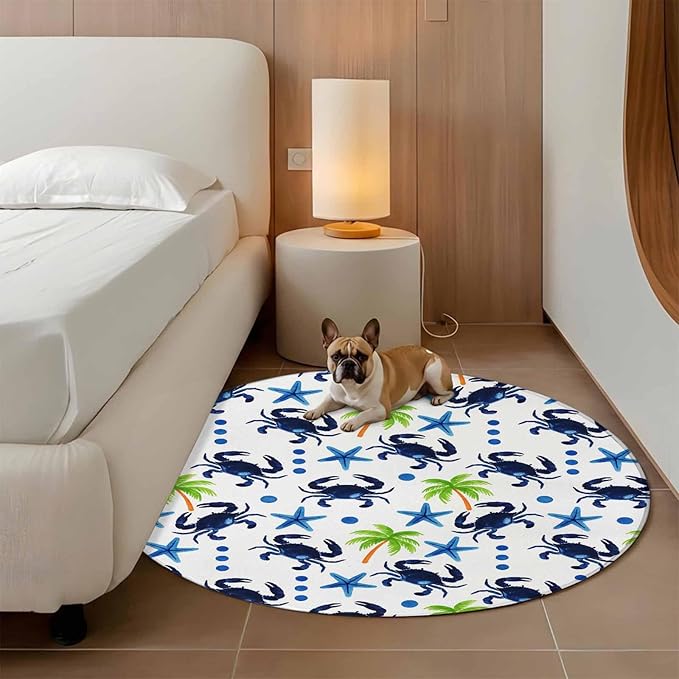Washable Round Area Rug Abstract Blue Crab Starfish Circle Rugs Floor Carpet for Living Room Bedroom, Watercolor Palm Tree Soft Non Slip Round Rug 5ft