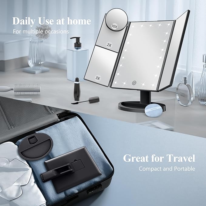 HUONUL Makeup Mirror, Vanity Mirror with Lights, 2X/3X/10X Magnification, Touch Control, Trifold, Dual Power Supply, Mothers Day for Mom Gifts,Gifts for Women, Wife, Mom, Girls,Dorm Room Essentials