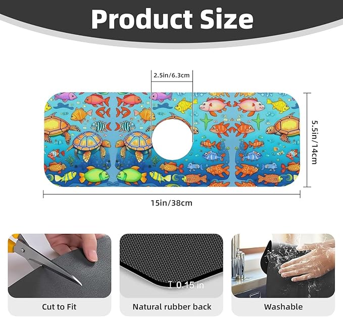 Turtle and Fish Printed Faucet Absorbent mat, Suitable for bathrooms, Kitchens, and Other Sink Areas.