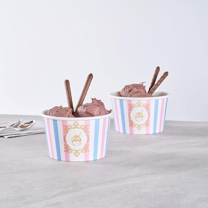 Coppetta 8 Ounce Dessert Cups, 200 Greaseproof Ice Cream Cups - Lids Sold Separately, For Hot And Cold Foods, Pink And Blue Stripe Paper Yogurt Bowls, Disposable, Sturdy - Restaurantware