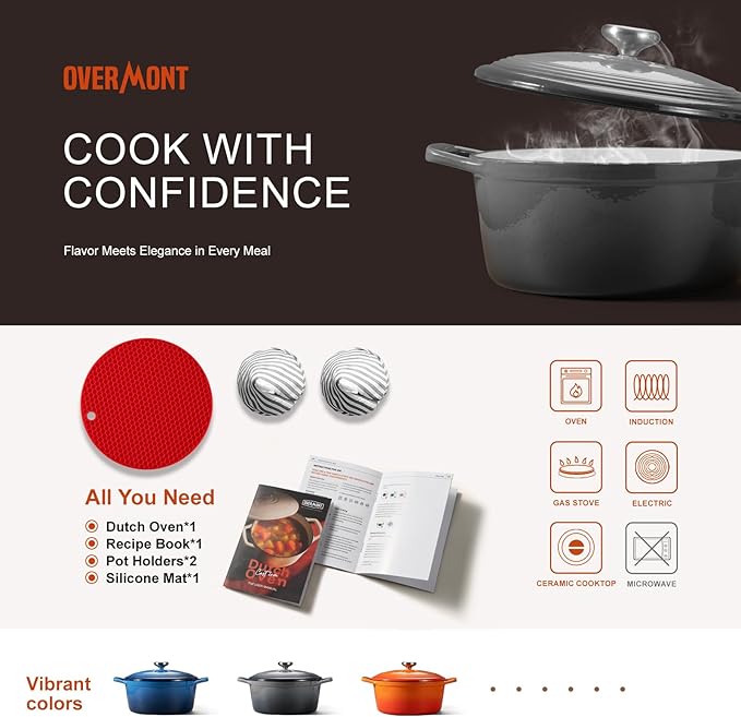Overmont Enameled Cast Iron Dutch Oven - 5.5QT Pot with Wide Handles Lid Cookbook & Cotton Potholders - Heavy-Duty Pre-Seasoned Cookware Oven Safe to 500°F for Braising, Stews, Roasting, Sourdough Baking Grey