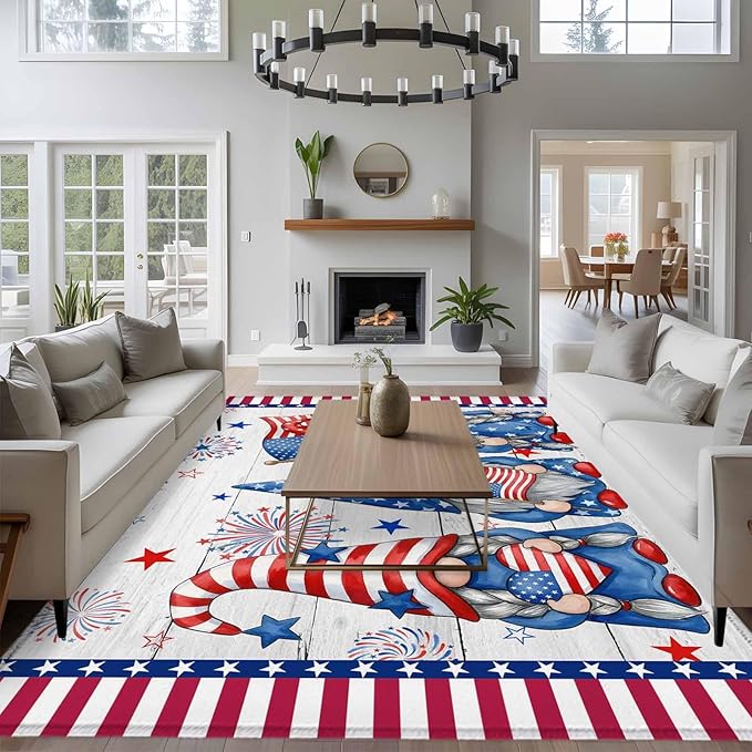 Area Rug 6x9ft, Independence Day USA Flag Star Dwarf Washable Rugs for Living Room Bedroom, Stripes on Wood Grain Soft Non-Slip Area Rugs Rectangle Floor Carpet for Dining Room