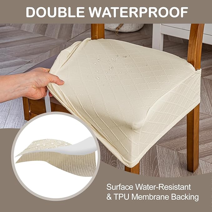 Genina Waterproof Seat Covers for Chairs,Set of 6 Dining Room Chair Seat Covers for Kitchen,Stretch Jacquard Removable Washable Dining Chair Slipcovers Protectors,No Rear Covers, Beige