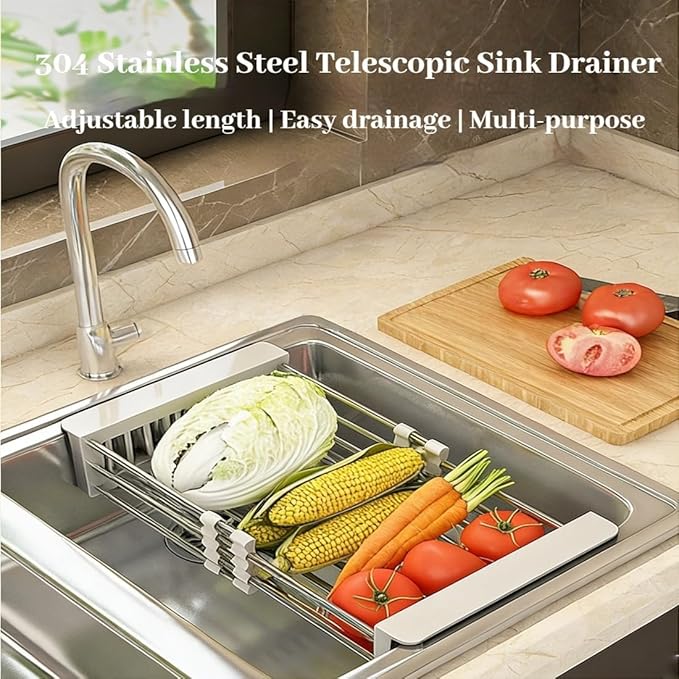 Extend Kitchen Sink Drain Basket, Adjustable Stainless Steel Drying Rack, Extender Basket for Vegetables Fruits and Dishes, Space-Saving Solution for Fruit Vegetable (Black,Small)