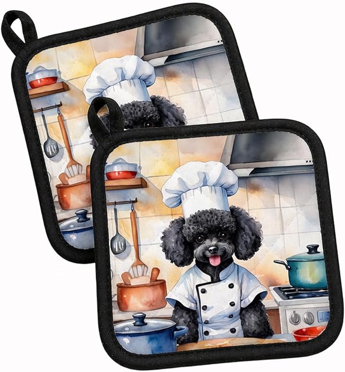Caroline's Treasures Black Poodle The Chef Pair of Pot Holders Kitchen Heat Resistant Pot Holders Sets Oven Hot Pads for Cooking Baking BBQ, 7 1/2 x 7 1/2