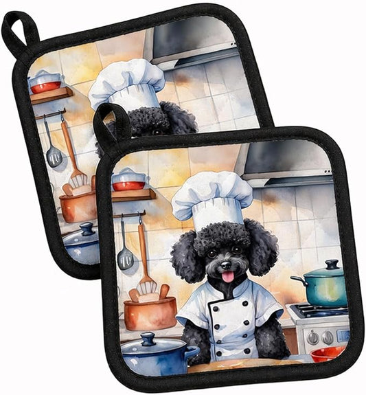 Caroline's Treasures Black Poodle The Chef Pair of Pot Holders Kitchen Heat Resistant Pot Holders Sets Oven Hot Pads for Cooking Baking BBQ, 7 1/2 x 7 1/2