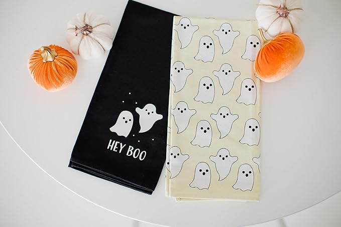 Pearhead Hey Boo Ghost Dish Towels for Kitchen, Halloween and Fall Decor, Spooky Season Gift Ideas, Set of 2