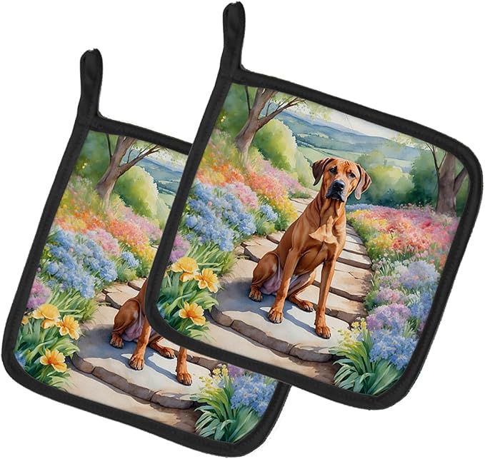 Caroline's Treasures Rhodesian Ridgeback Spring Path Pair of Pot Holders Kitchen Heat Resistant Pot Holders Sets Oven Hot Pads for Cooking Baking BBQ, 7 1/2 x 7 1/2