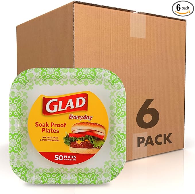 Glad Square Heavy Duty Paper Plates, Soak Proof and Cut Proof Disposable Plates for Parties and Everyday Meals, Microwaveable for Easy Serving, Green Victorian Pattern, 10 Inch, 50 Count - 6 Pack