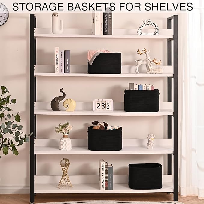 Small Storage Baskets for Organizing Shelves, Cotton Rope Basket for Storage, Cute Rectangular Book Toy Bins, 12.7"×9.1"×7.9", 4 Packs, Black