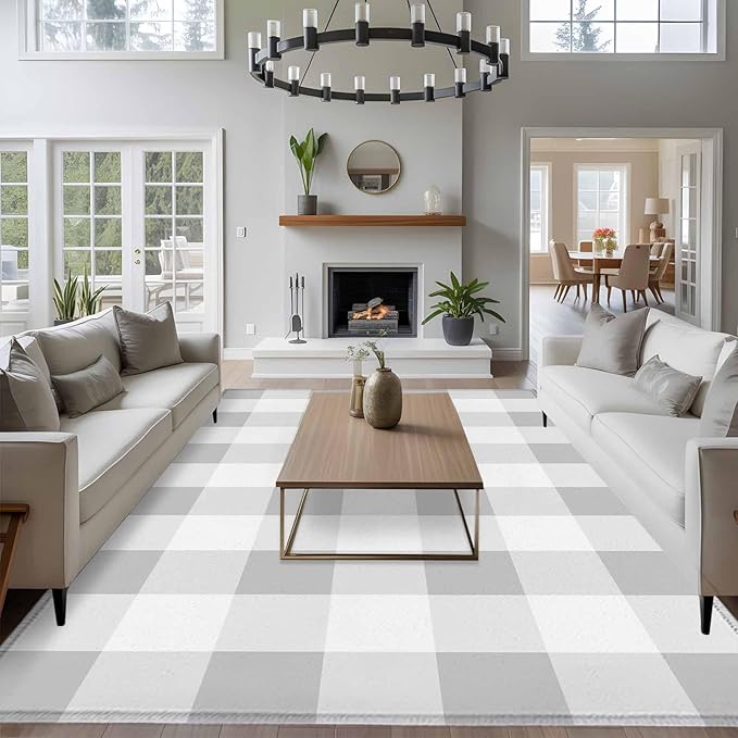 Area Rug 6x9ft, Light Grey White Plaid Washable Rugs for Living Room Bedroom, Farmhouse Decoration Buffalo Check Soft Non-Slip Area Rugs Rectangle Floor Carpet for Dining Room