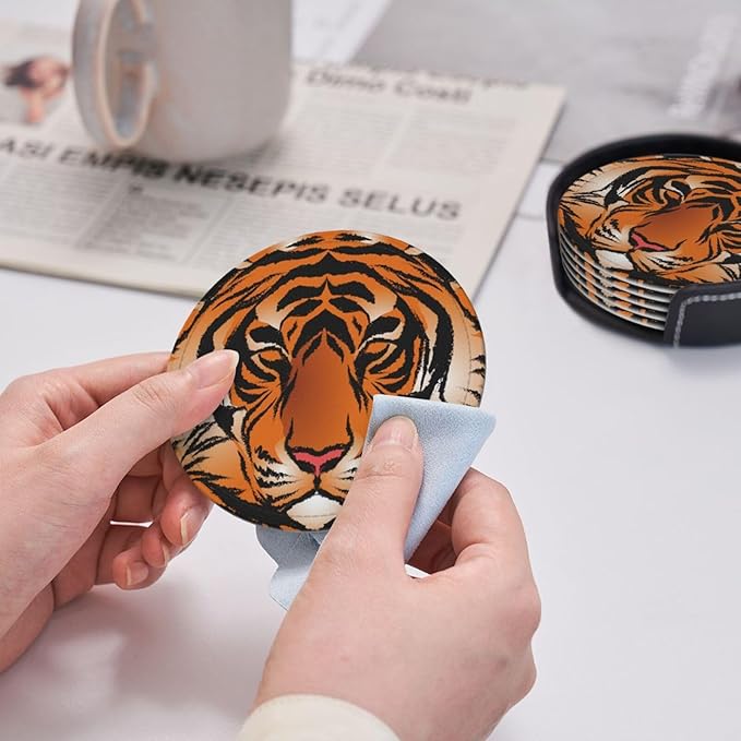 Bengal Tiger Leather Drinks Coasters with Holder, Set of 6, Suitable for Various Cups