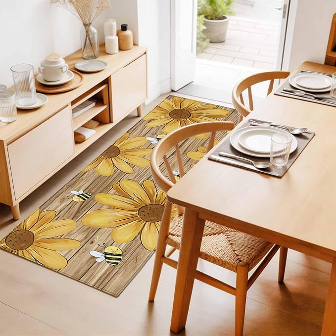 Runner Rug for Bedroom Hallway, Summer Yellow Bee Blossom Flower Kitchen Runner Rugs Area Rug 2x6ft, Retro Rustic Brown Wood Board Washable Soft Floor Carpet for Entryway Stair
