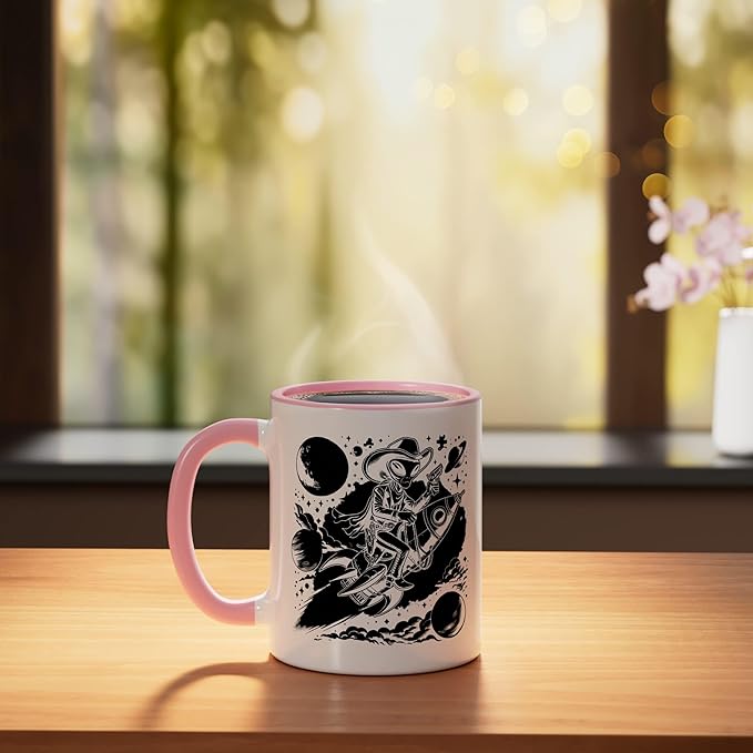 Alien Lover Flying Saucer UFO Extraterrestrial Cowboy Ceramic Mug, Pink/White