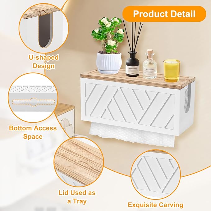 Qivine Paper Towel Dispenser Wall Mount, 2-in-1 Wooden Paper Towel Holder, Toilet Napkin Holder Dispenser with Lid Removable Top Tray for Bathroom Kitchen Decor Home and Commercial (Black) (2, White)