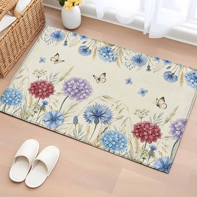 Area Rug 2x3ft, Spring Watercolor Garden Flower Washable Rugs for Living Room Bedroom, Hydrangea Floral on Burlap Soft Non-Slip Area Rugs Rectangle Floor Carpet for Dining Room