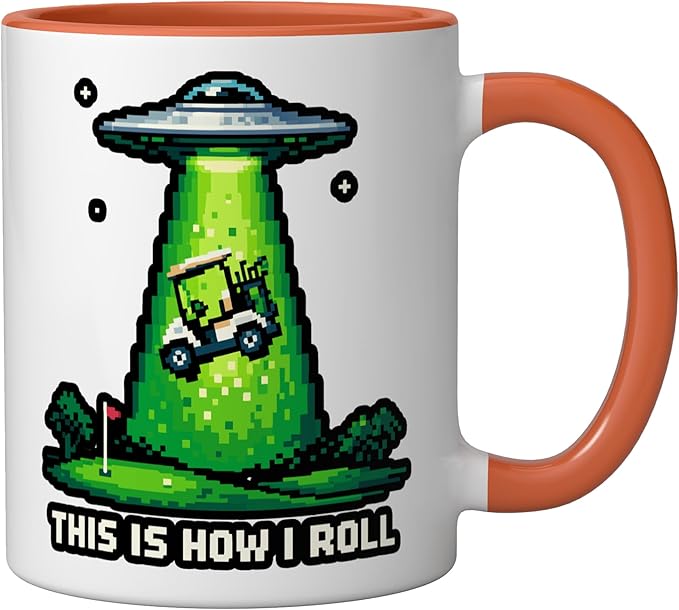 This Is How I Roll Golf UFO Abduction Funny Pixel Art Ceramic Mug, Orange/White