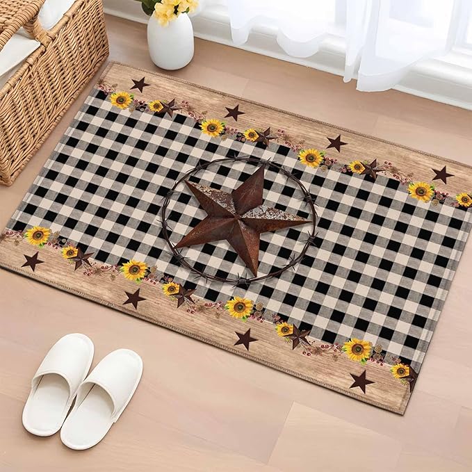Area Rug 2x3ft, Western Star Farm Sunflower Washable Rugs for Living Room Bedroom, Vintage Wood Grain Black Buffalo Plaid Soft Non-Slip Area Rugs Rectangle Floor Carpet for Dining Room