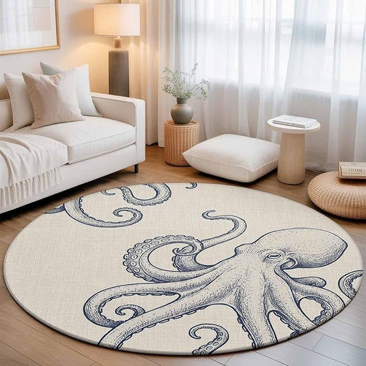 Washable Round Area Rug Marine Octopus Sea Monster Circle Rugs Floor Carpet for Living Room Bedroom, Farmhouse Ocean Life on Linen Soft Non Slip Round Rug 3ft