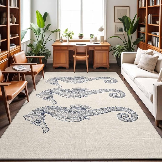 Area Rug 8x10ft, Marine Life Seahorse on Burlap Washable Rugs for Living Room Bedroom, Farmhouse Ocean Theme Soft Non-Slip Area Rugs Rectangle Floor Carpet for Dining Room