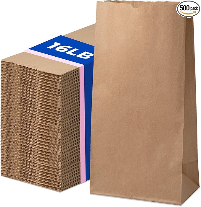 Fit Meal Prep 500 Pack 16 lb Brown Paper Lunch Bags, 16.3 x 7.8 x 4.5" Premium Kraft Paper Bags Bulk for Small Business, Recyclable Snack Sacks, Durable Grocery Bag for Food Storage
