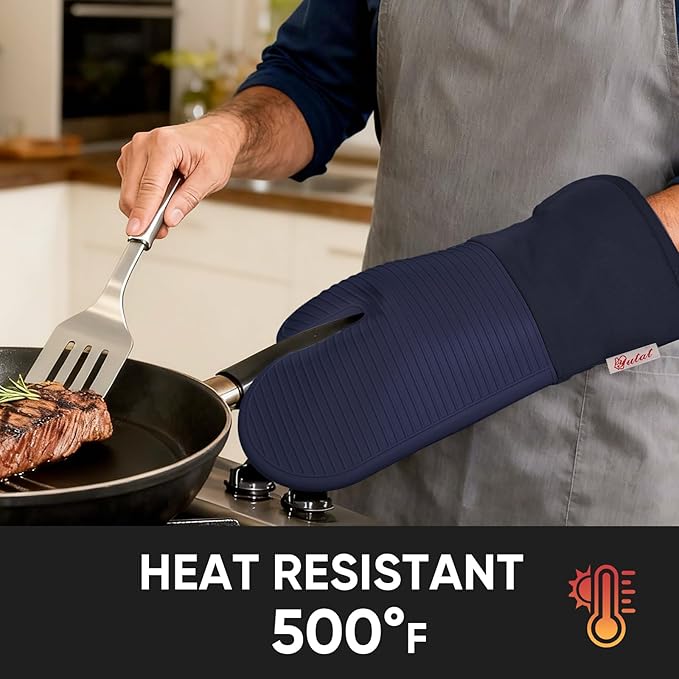 YUTAT Silicone Oven Mitts,High Heat Resistant Up to 500 Degrees,Waterproof Cooking Gloves with Soft Polyester Filling,Kitchen Potholder Set - Perfect for BBQ,Baking and Cooking,DKBlue,2 Pcs Set