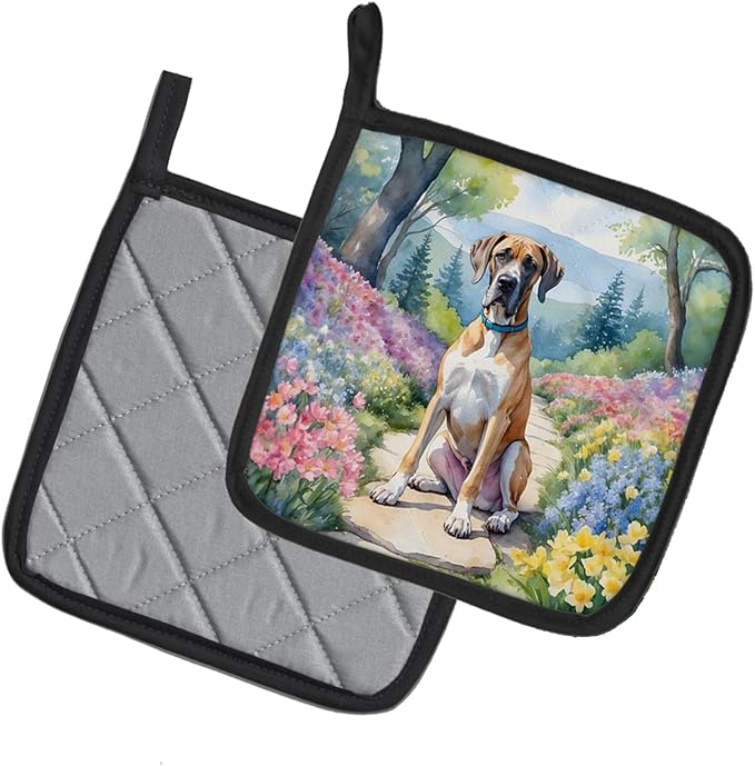 Caroline's Treasures Great Dane Spring Path Pair of Pot Holders Kitchen Heat Resistant Pot Holders Sets Oven Hot Pads for Cooking Baking BBQ, 7 1/2 x 7 1/2