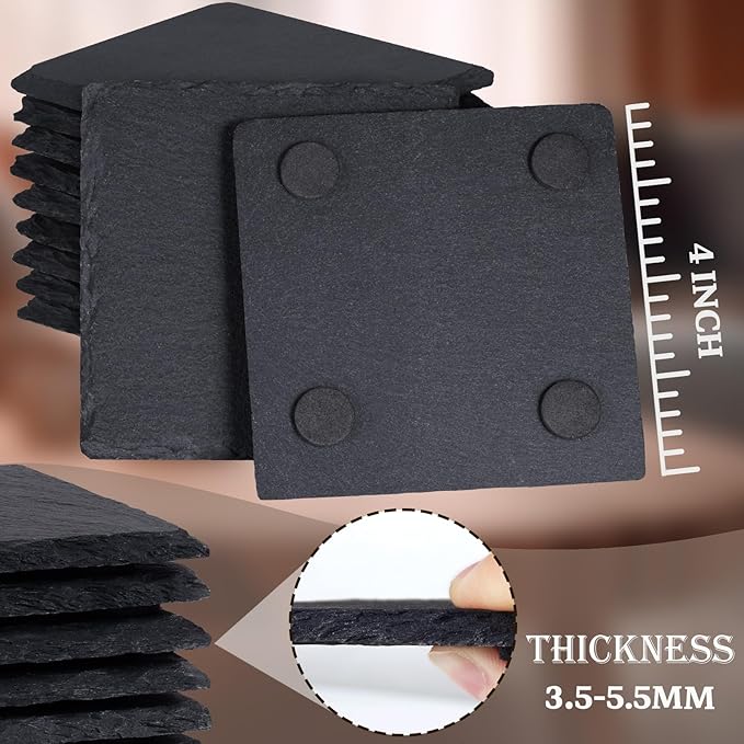24 Pieces Slate Drink Coasters, GOH DODD 4 Inch Black Coasters Stone Coaster Set, Laser Engraving Blanks with Anti-Scratch Bottom for Home Office Kitchen Housewarming Gifts Wedding Party, Square