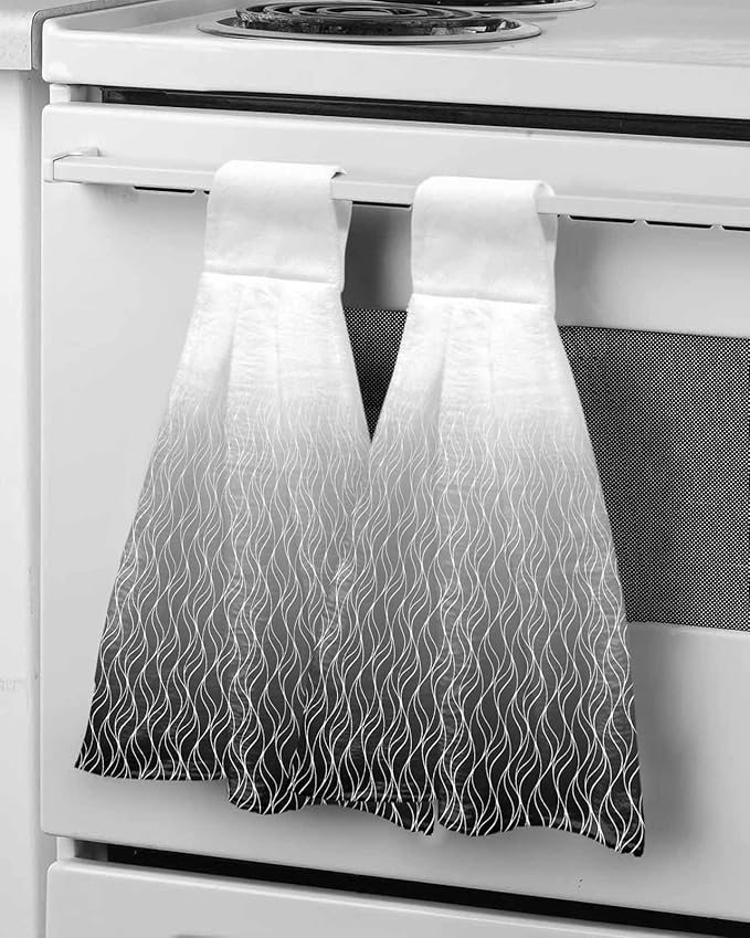 Alandar Home Kitchen Tie Towel Set of 1, Abstract Stripe Black Gradient Absorbent Soft Hand Towels for Bathroom Hanging Towels, Modern Morocco Line Fast Drying Cleaning Cloth with Loop