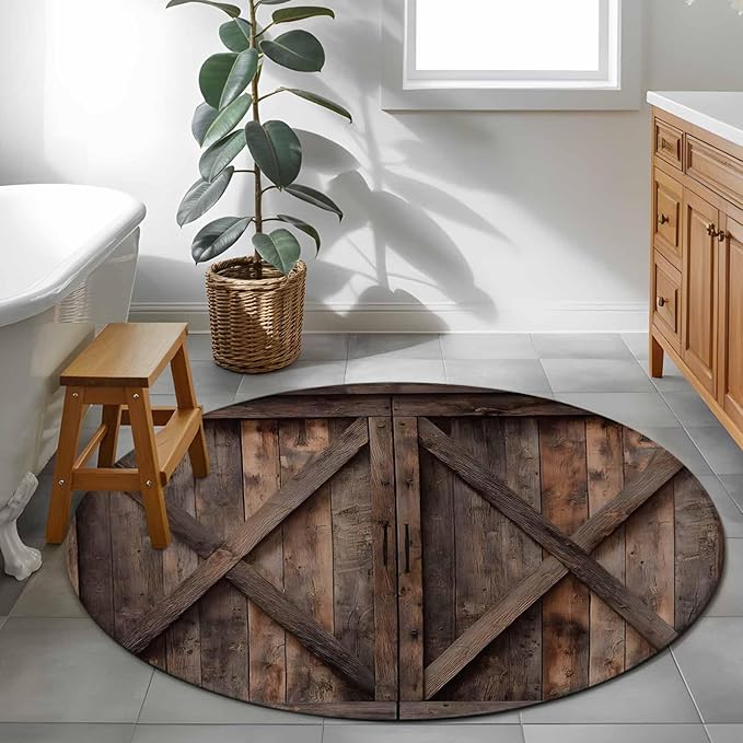 Washable Round Area Rug Vintage Farmhouse Barn Circle Rugs Floor Carpet for Living Room Bedroom, Country Wooden Plank Soft Non Slip Round Rug 3ft