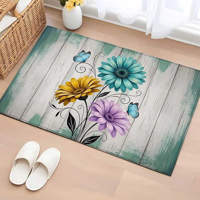 Area Rug 2x3ft, Farm Flower Daisy Retro Wood Barn Washable Rugs for Living Room Bedroom, Blossom Flower Butterfly Soft Non-Slip Area Rugs Rectangle Floor Carpet for Dining Room