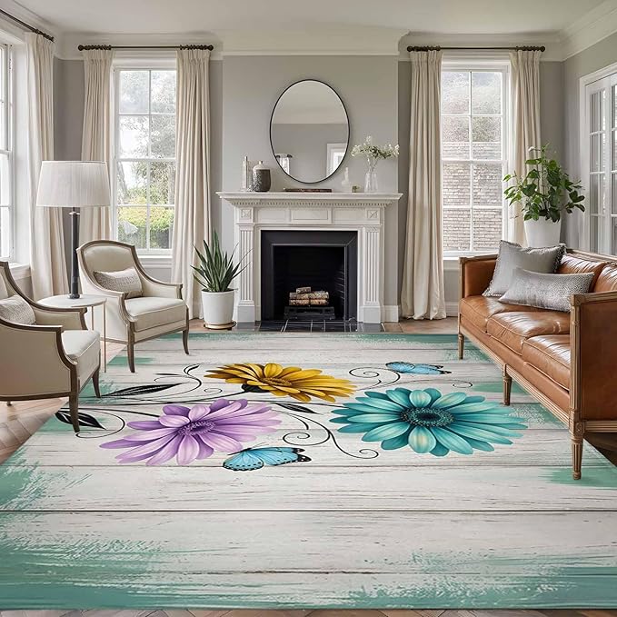 Area Rug 9x12ft, Farm Flower Daisy Retro Wood Barn Washable Rugs for Living Room Bedroom Rectangle Floor Carpet, Blossom Flower Butterfly Soft Non-Slip Area Rugs for Dining Room