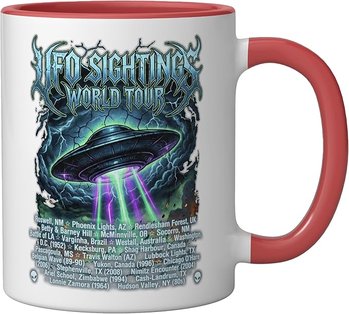 Vintage UFO Sightings World-Tour Cool-Looking Heavy-Metal Ceramic Mug, Red/White
