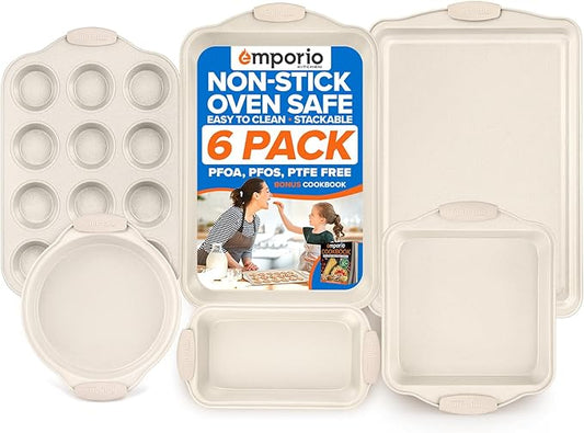 Emporio Kitchen Baking Pan Set - Nonstick Coating, Carbon Steel Bakeware Set with White Silicone Handle, PFOA, PFOS, PTFE Free, Recipe Booklet Included, Oven Safe Tray (Up To 450° F), Set of 6 - White