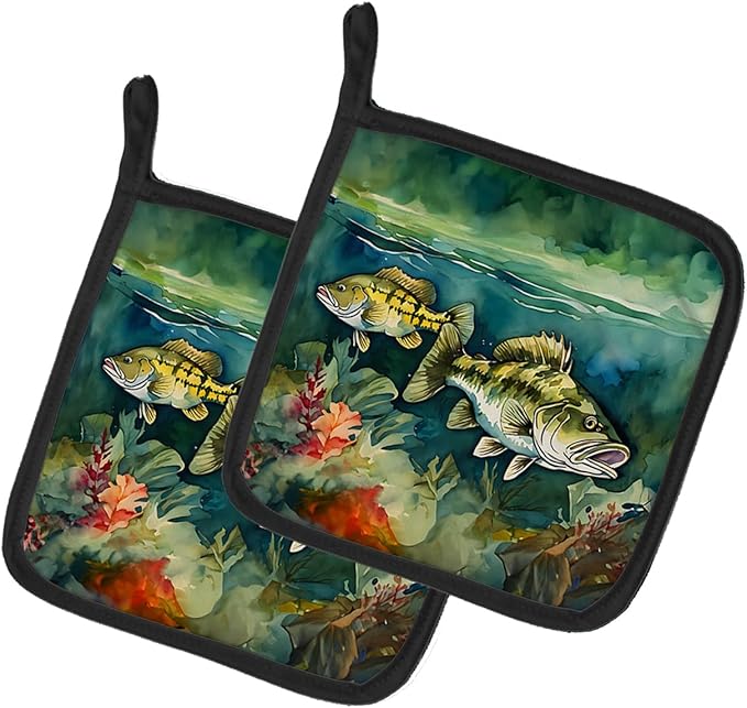 Caroline's Treasures Smallmouth Bass Pair of Pot Holders Kitchen Heat Resistant Pot Holders Sets Oven Hot Pads for Cooking Baking BBQ, 7 1/2 x 7 1/2