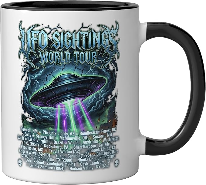 Vintage UFO Sightings World-Tour Cool-Looking Heavy-Metal Ceramic Mug, Black/White