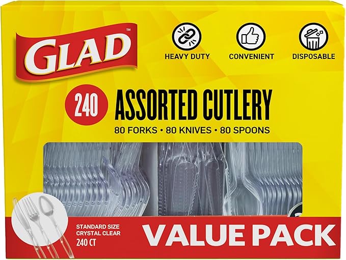 Glad Clear Disposable Cutlery Set with Heavy Duty Plastic Forks, Knives, and Spoons, Reusable Dishwasher Safe Plastic Utensils for Parties and Everyday Use, 240 Count