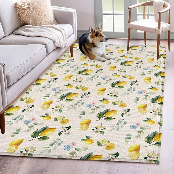 Area Rug 4x6ft, Country Lemon Flower Leaf Washable Rugs for Living Room Bedroom, Pastoral Fruit Plant Vintage Linen Soft Non-Slip Area Rugs Rectangle Floor Carpet for Dining Room