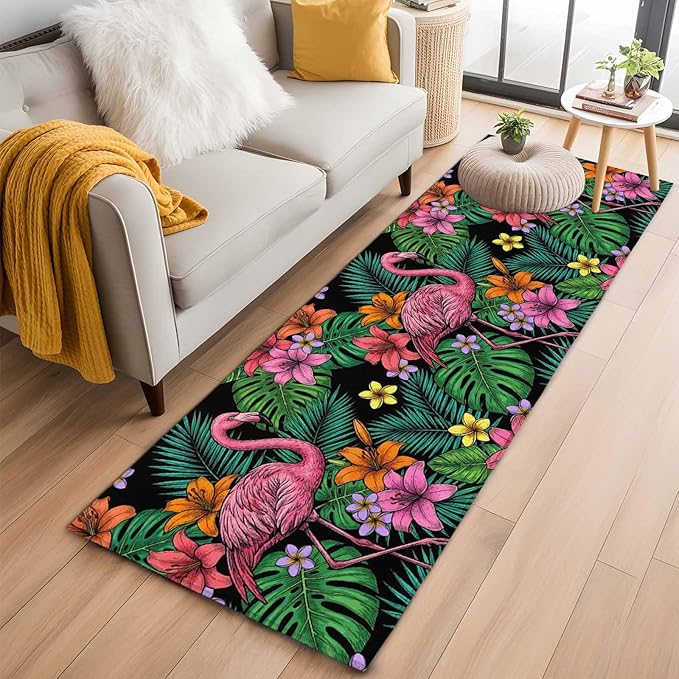 Runner Rug for Bedroom Hallway, Pink Flamingos Tropical Leaf Kitchen Runner Rugs Area Rug 2x6ft, Colorful Lily Blossom Floral Washable Soft Floor Carpet for Entryway Stair