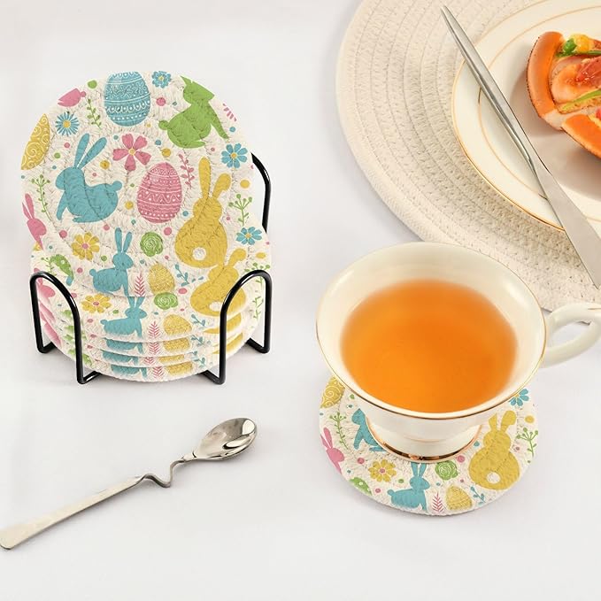 YETTASBIN Easter Bunny Eggs 6 Pcs Drink Coasters with Holder, Cotton Woven Absorbent Heat-Resistant Round Coaster Non-Slip Table Mat for Kitchen Bar Home Decor Housewarming Gift, 3.9 in
