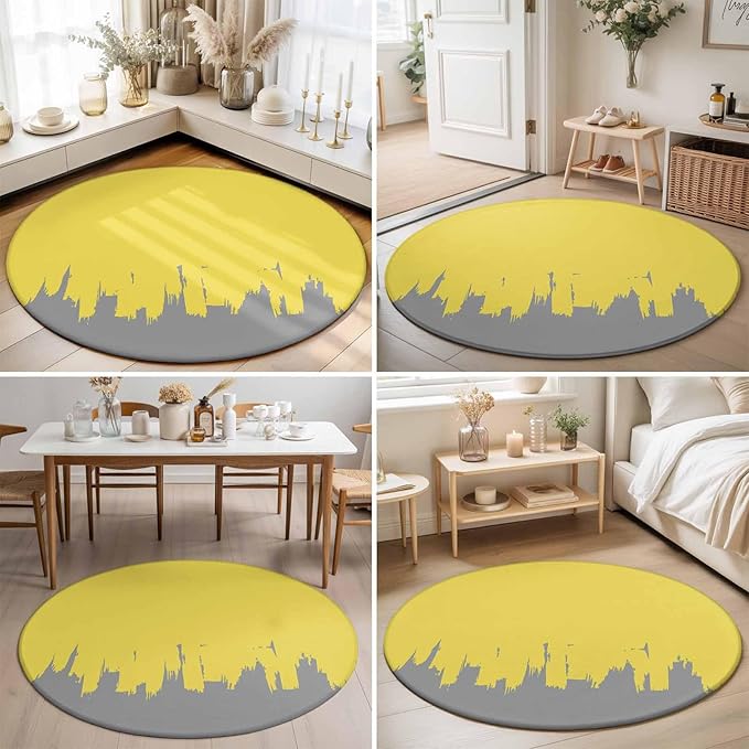 Washable Round Area Rug Abstract Yellow Grey Graffiti Circle Rugs Floor Carpet for Living Room Bedroom, Oil Painting Artwork Soft Non Slip Round Rug 3ft