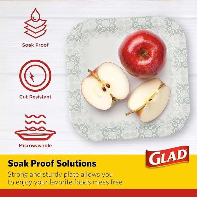 Glad Square Heavy Duty Paper Plates, Soak Proof and Cut Proof Disposable Plates for Parties and Everyday Meals, Microwaveable for Easy Serving, Grey Victorian Pattern, 7 Inch, 50 Count - 12 Pack