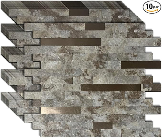 WEIMEISC 10 Sheets Peel and Stick Backsplash Tile for Kitchen, Self-Adhesive Mosaic Tile, Stick on Bathroom Vanities, Fireplace Decor, Laundry Table (Coffee+Bronze)