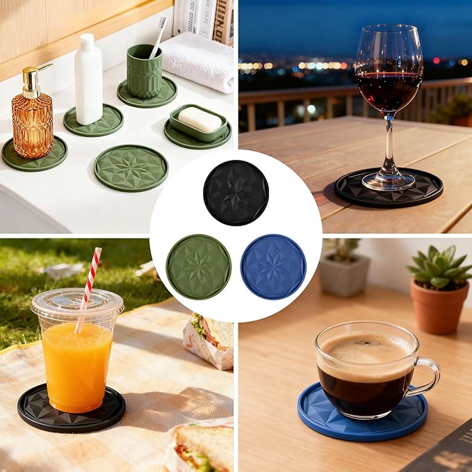 OIAHOMY 8 Pcs Coasters with Holder for Beer, Coffee, Silicone Coaster Set for Table Decor for Kitchen, Bar, Dining Room, Living Room, Housewarming Gifts - Blue