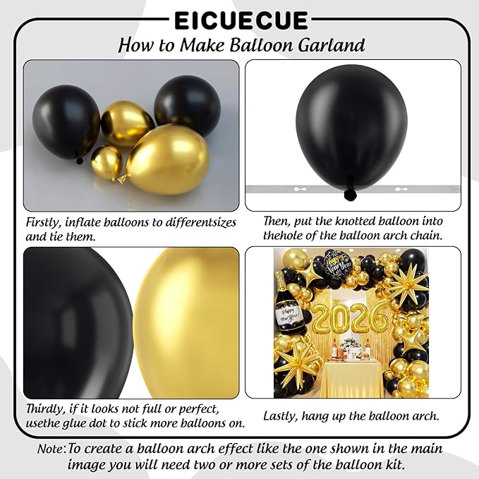 Black and Gold Balloons Garland Arch Kit - Different Size Balloons Gold Fringe Curtain Backdrop for Graduation Birthday Anniversary New Years Theme Party Decorations