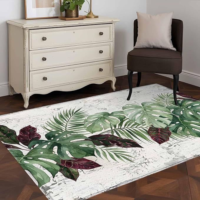 Area Rug 4x6ft, Summer Green Monstera Palm Leaves Washable Rugs for Living Room Bedroom, Vintage Botantical Soft Non-Slip Area Rugs Rectangle Floor Carpet for Dining Room