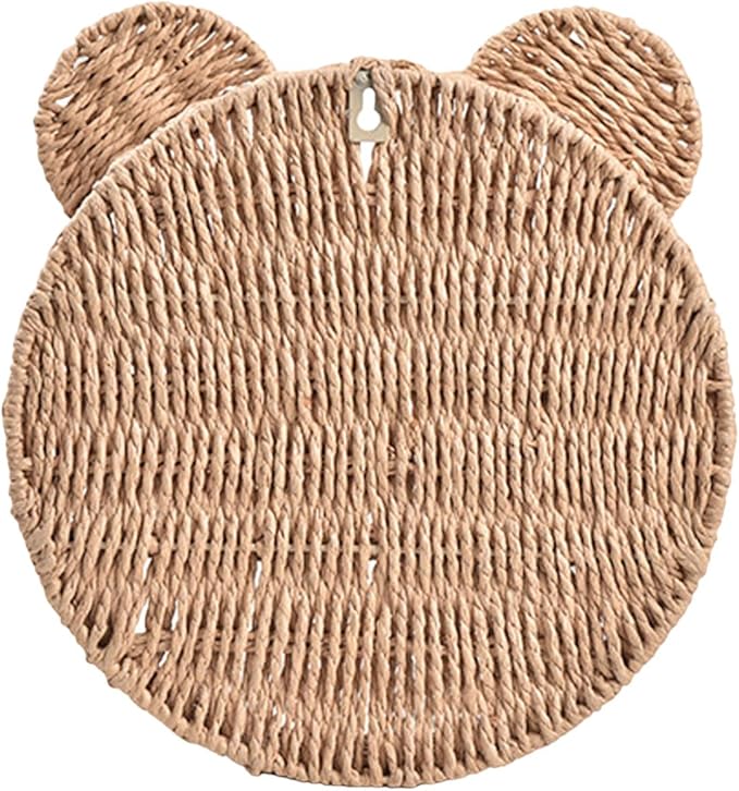 PURPLELILY Rattan Hanging Storage Basket Bear Ear Shape Wall Shelf Woven Wall Mounted Storage Rack Floating Shelves Home Decoration